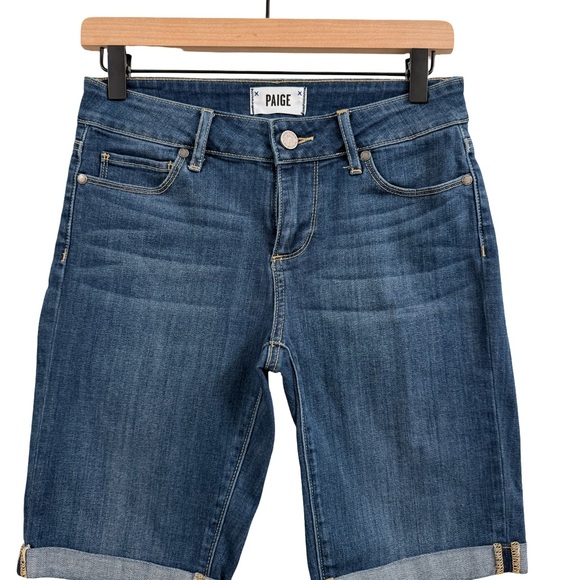 PAIGE Pants - PAIGE Blue Jean Shorts with Frayed Hems and Distressed Look